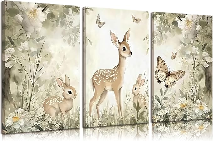 3Pcs Woodland Animal Nursery Canvas Wall Art Cute Forest Animal Wall Decor Pictures Deer and Butterfly Wildflowers Posters Prints for Nursery Bedroom Kids Room Home Decoration Prepare to Hang 12X16in