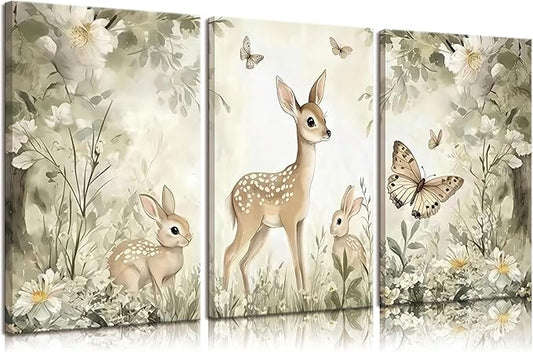 3Pcs Woodland Animal Nursery Canvas Wall Art Cute Forest Animal Wall Decor Pictures Deer and Butterfly Wildflowers Posters Prints for Nursery Bedroom Kids Room Home Decoration Prepare to Hang 16x24in