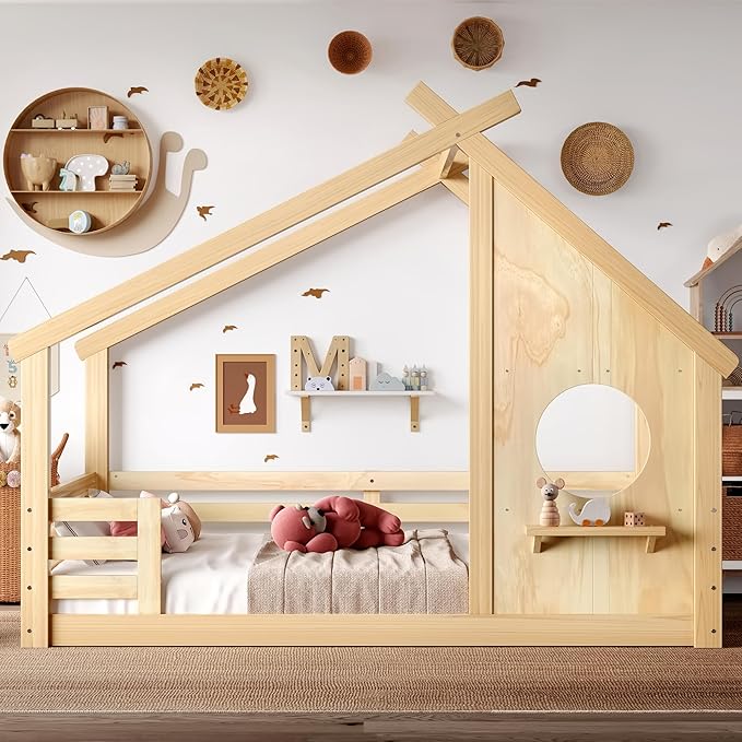 Polibi Full Size Floor Bed with House-Shaped Roof,Window and a Small Shelf, Solid Wood Low Profile Floor Bed for Kids, No Box Spring, Natural