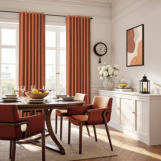 Guken Terracotta Linen 100% Blackout Curtains 90 Inches Long for Living Room 2 Panels Set Linen Textured Black Out Thermal Insulated Soundproof Privacy Back Tab Hook Belt Sorrel Backdrop Drapes 52x90