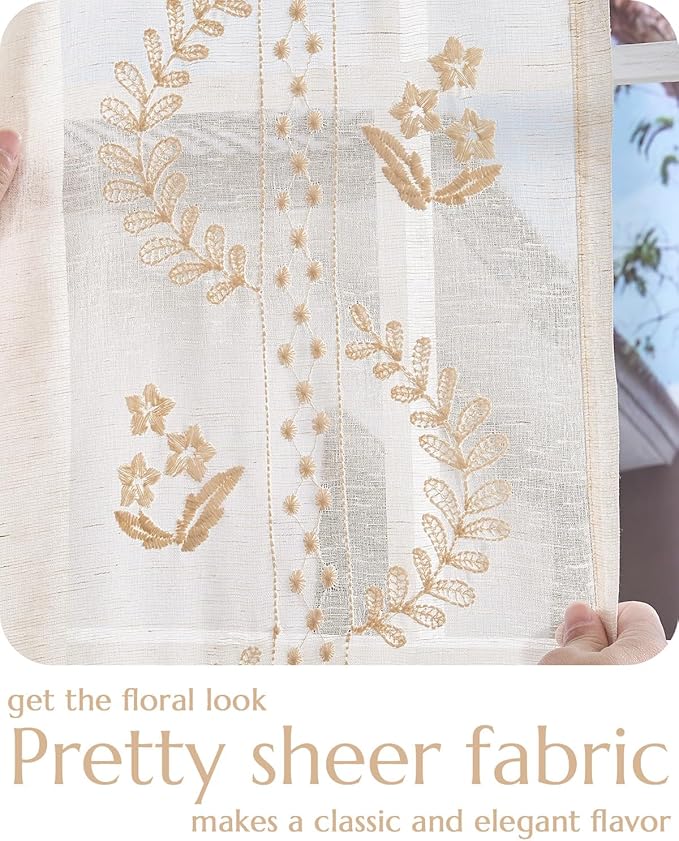 jinchan Belrose Linen Sheer Curtains for Living Room 96 Inch Length Sheer Voile Embroidered Floral Curtains for Bedroom Light Filtering Rod Pocket Window Treatments Farmhouse Decor 2 Panels Beige