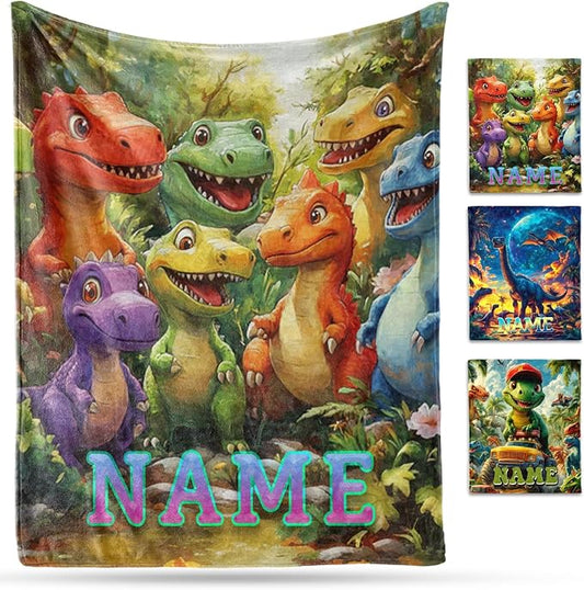 Ship Next Day, Custom Dinosaur Blanket - Printed in USA, Personalized Blankets with Name, Gift for Kids Boys Girls, Unique Present for Birthday, Christmas, Educational Blankets for Children
