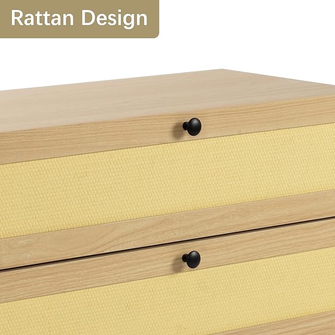 Rattan Dresser, Boho Dresser with 3 Drawers, Modern Dressers with Iron Legs, Wooden Dressers for Bedroom, Hallway, Office, Yellow