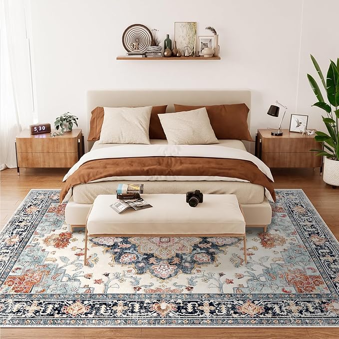 Machine Washable Rugs Nursery Rug 9x12 Area Rugs Girl Non Slip Low Pile Water Repellent Soft Print Pattern for Bedroom Indoor Decor Kids Playroom Bluebeige