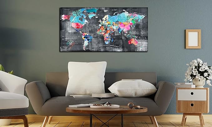 ZHAOSHOP Teal Wall-Art for Living Room - World Map Wall Decor - Large World Map for Wall Ready to Hang Size 59" x 29"…