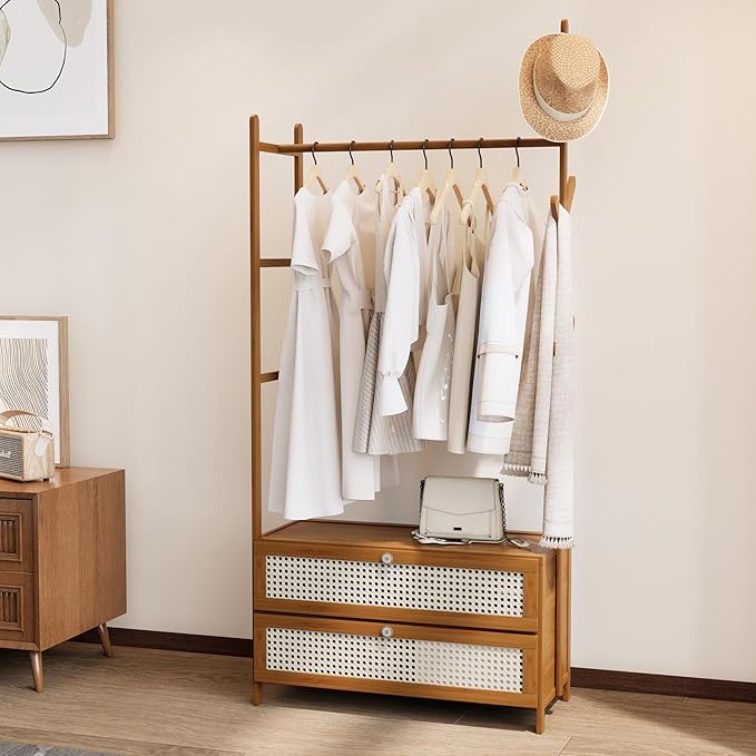 Garment Rack with Drawers,Cute Clothing Rack,Bamboo Clothes Rack,Clothes Rack Hanging,Wardrobe Closet for Entryway Guestroom Kids Bedroom (27.6inch Width Tawny with Rattan Door)