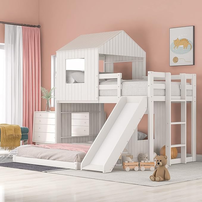 MERITLINE House Bed Bunk Beds with Slide Twin Over Full Size Bunk Bed Frame with Slide,Wooden Playhouse - Design Slide Bunk Beds Twin Over Full Bunk for Boys and Girls