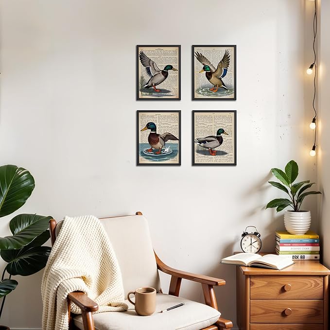 OFJE Vintage Mallard Duck Wall Art Decor Prints Set of 4, Retro Waterfowl Duck Hunting Wall Art Posters Decor for Home bedroom Living Room, 8x10 Unframed