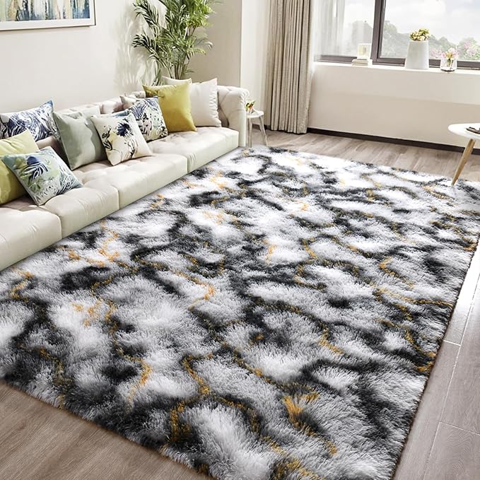 DweIke Fluffy Black White Gold Rugs for Bedroom Living Room, 6x9 Large Soft Plush Shaggy Tie-Dyed Girls Boys Kids Rug, Upgraded Non-Slip and Machine Washable Carpet for Dorm Nursery Classroom Decor