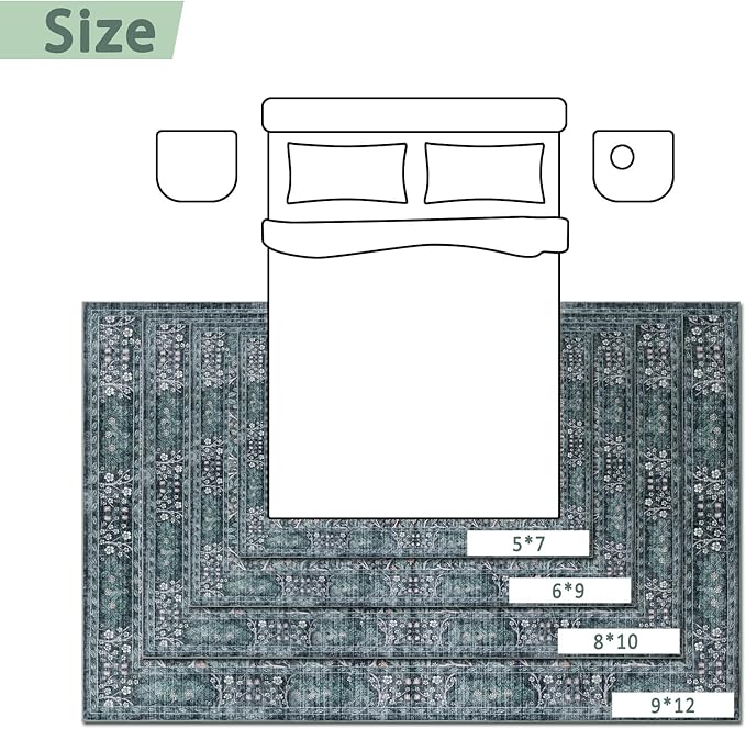 Washable Rug 5x7 Area Rug,Retro Green Living Room Rug for Entryway Bedroom Farmhouse Nursery Home Office，Low Pile Stain & Slip Resistant Large Carpet for Bedroom