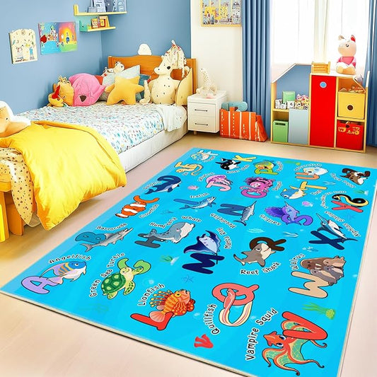 Kids Rugs for Playroom, 3x4 Feet Educational Rug for Learn The ABC Alphabet, Soft Machine Washable Non-Slip Cute Marine Organisms Carpet for Classroom Toddler Nursery Kids Room Decor, Blue