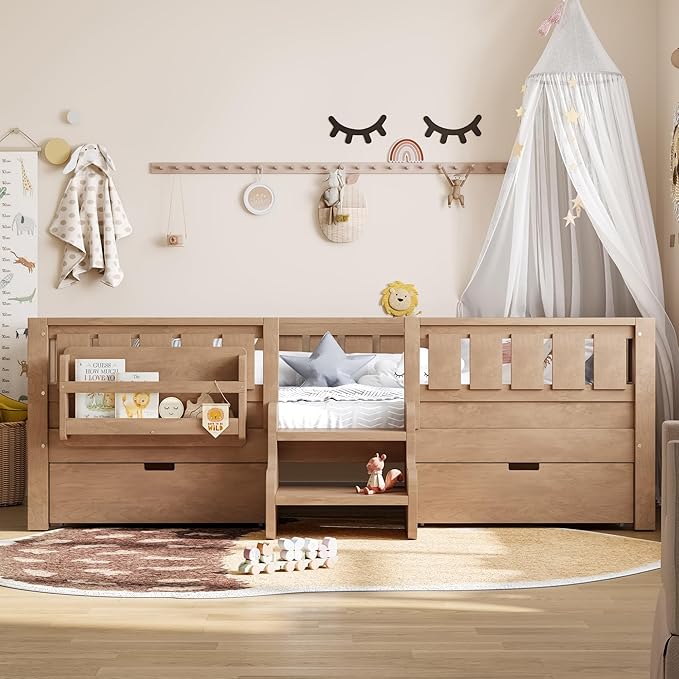 Bellemave Twin Bed with Slats and Stairs, Twin Size Platform Bed Frame with Fence, Bookshelf and Storage Drawers, Easy Assemble Beds for Kids, Girls, Boys, Natural