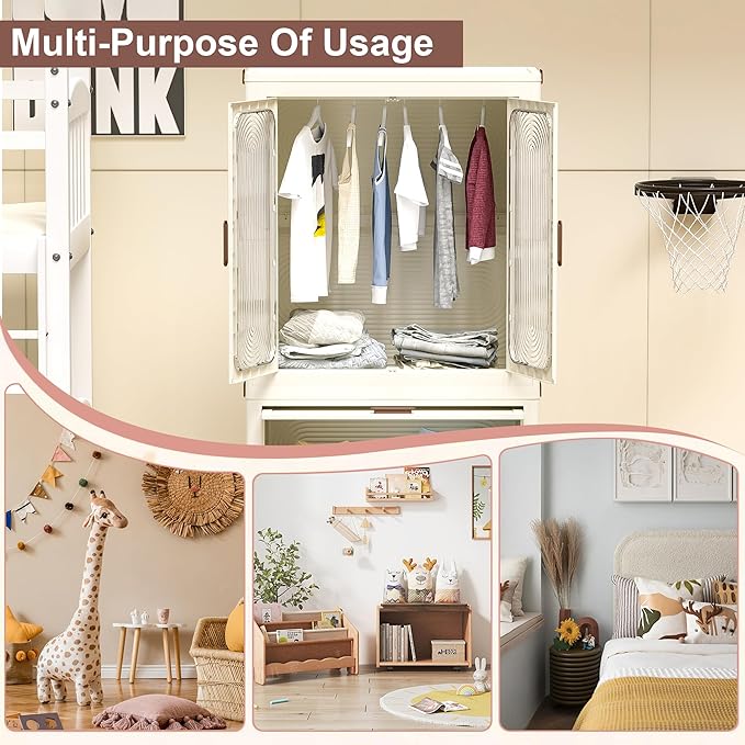 Portable Wardrobe Closet with Drawers, Magnetic Doors, 4 Cubes & Hanging Rod, 10 Hangers, Large Foldable Armoire for Clothes Storage, Wardrobe Storage Cabinet for Families, Baby, Easy Assembly