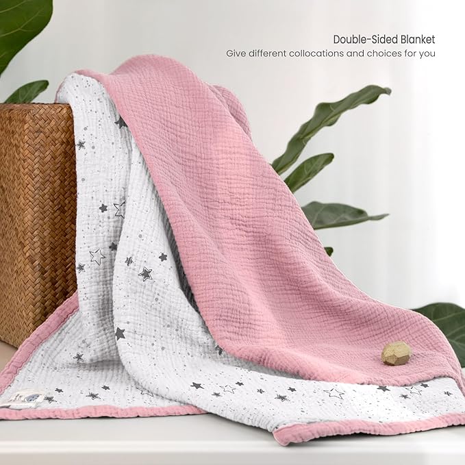 lulumoon Muslin Baby Blanket - Cotton Quilt Blankets for Toddlers - Reversible Nursery Crib Blanket for Baby Boys and Girls 47"x47"(Pink Star)