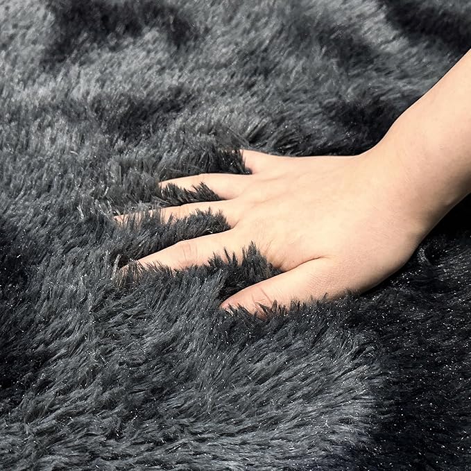 2 ft Small Black and Grey Round Rug for Bedroom,Tie Dyed Soft Shaggy Circle Rug Fluffy Plush Round Carpet for Kids Girls Boys Room Baby Nursery Living Room Playroom Home Décor Washable