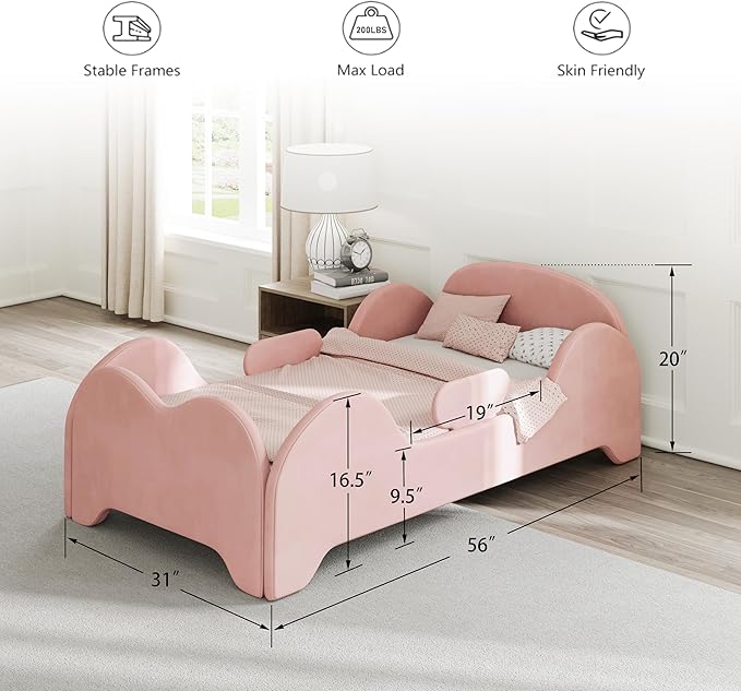Toddler Bed, Toddler Flood Bed with Extra Safety Broad, Standard Crib Size for Kids, Certified Fabric Beds, Low to Floor Design (Pink)