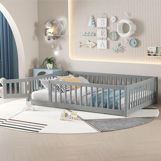 Harper & Bright Designs Full Floor Bed with Safety High Fence, Wood Montessori Bed with Door, Full Size Floor Beds with Solid Wood Support Slats for Boys, Girls, Kids, Gray
