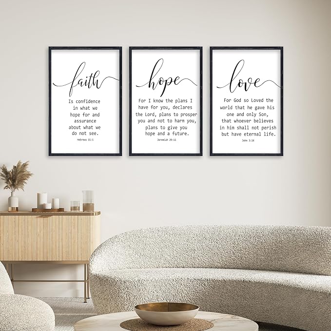 Faith Hope and Love Bible Verses Wall Decor Sign 16x24 Inch Wood Framed Set of 3 Farmhouse Living Room Christian Faith Scripture Art Inspirational Religious Quote Love Wall Hanging (Black)