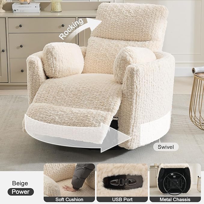 Swivel Glider Recliner, Boucle Upholstery Recliner with 2 Pillow, Nursery Glider Rocker Chair, Power Reclining Sofa Chair for Living Room/Office/Apartment/Off-White
