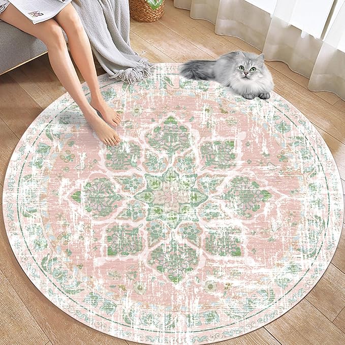 Vhong Boho Area Rugs Vintage Washable Round Dusty Pink and Green 5x5 Non Slip Small Circle Carpet for Nursery Living Room Dining Room Bedroom Girls' Room