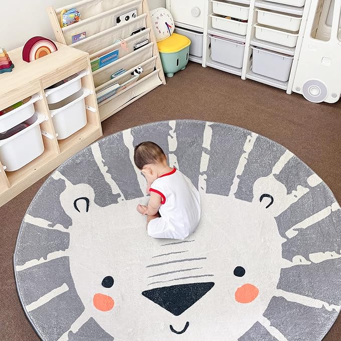 ABREEZE Kids Play Rug 4ft,Lion Round Area Rug Kids Nursery Door Mat Soft Plush Non-Slip Childrens Carpet for Bedroom Living Room Playroom,Grey