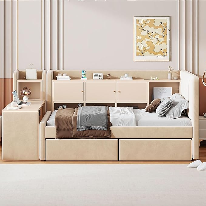 Twin Size Daybed with Desk, Storage Drawers and L-Shaped Bookshelf Headboard, Velvet Upholstered Soft Corner Bed with Flip Cabinets and Shelves for Kids Boys Girls, Beige