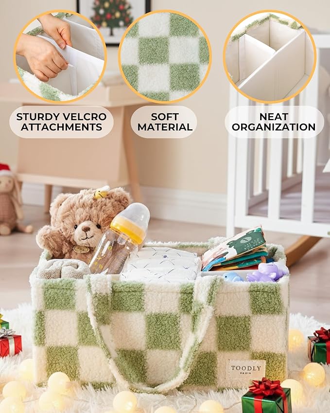 Checkered Diaper Caddy Organizer with Portable Changing Mat - Teddy Fleece Diaper Organizer for Changing Table - Caddy Organizer with Removable Dividers - Green and White
