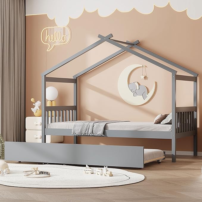 Harper & Bright Designs Twin House Bed for Kids, Wood Platform Bed with Trundle, Montessori Bed with Roof, Playhouse Trundle Beds for Kids,Teens, Bedroom, Gray