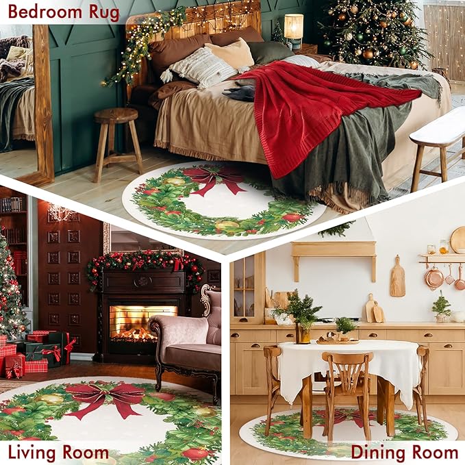 4' Machine Washable Christmas Round Area Rug, Non-Slip Vintage Floral Circle Floor Rugs for Kids, Low Pile Room Carpet for Living Room, Bedroom, Dining Room & Nursery(4' Christmas Wreath)