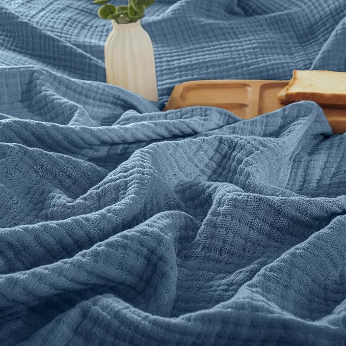 PHF 100% Cotton Muslin Throw Blanket 50" x 60", 4-Layer Lightweight Gauze Throw, Breathable Cloud-Soft Minimalist Blanket for Bed, Couch, Camping & Baby, Denim Blue, Ideal Gift