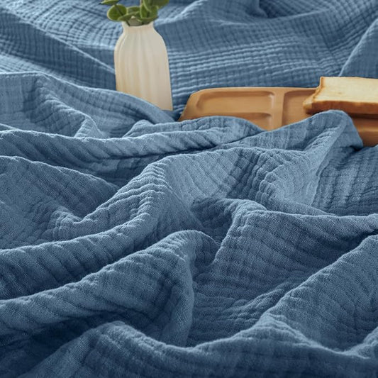 PHF 100% Cotton Muslin Blanket King Size 108"x90", 4-Layer Lightweight Gauze Throw, Breathable Cloud-Soft Minimalist Blanket for Bed, Couch, Camping & Baby, Denim Blue, Ideal Gift