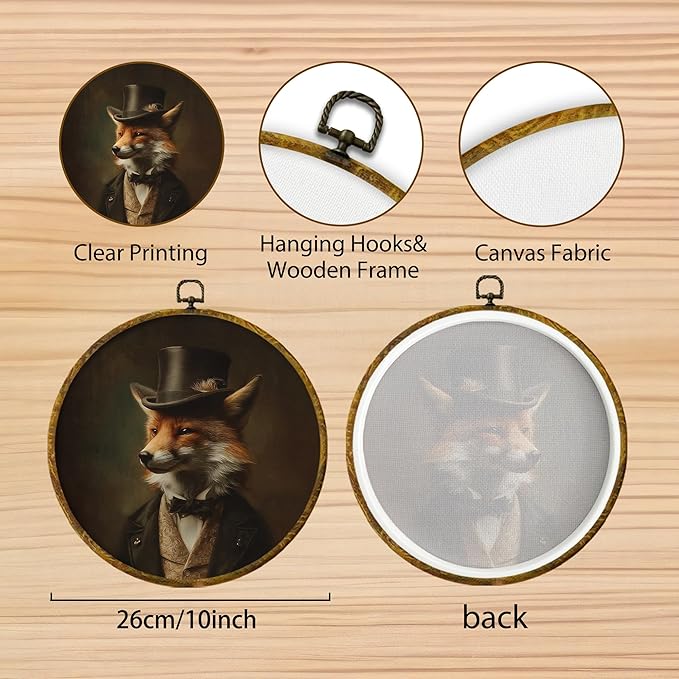 Hiuwevt Retro Fox Round Wall Art Decor, Vintage Dark Academia Fox Framed Canvas Prints, Retro Renaissance Animal Round Wall Hanging Decor for Home Living Room Decorations, 10x10 Inches