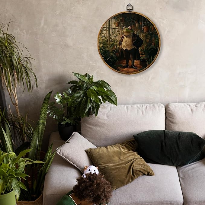 Hiuwevt Vintage Gothic Moody Frog Round Wall Art Decor, Retro Dark Academia Framed Canvas Prints, Sage Green Botanical Frog Round Wall Hanging Decor for Bedroom Home Decorations, 10x10 Inches