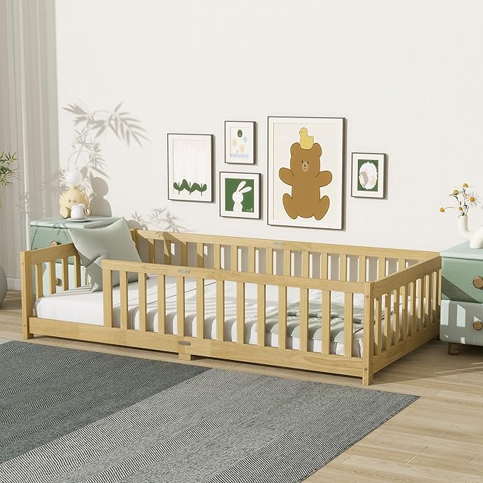 Ball & Cast Twin Size Floor Bed Frame,Montessori Floor Bed with Safety Fence,Wood Platform Toddler Bedframe for Girls Boys,Bedroom,Playroom,Easy Assembly & No Box Spring Needed,Natural