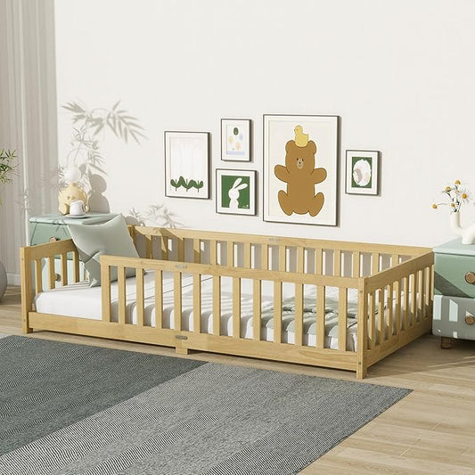 Ball & Cast Twin Size Floor Bed Frame,Montessori Floor Bed with Safety Fence,Wood Platform Toddler Bedframe for Girls Boys,Bedroom,Playroom,Easy Assembly & No Box Spring Needed,Natural