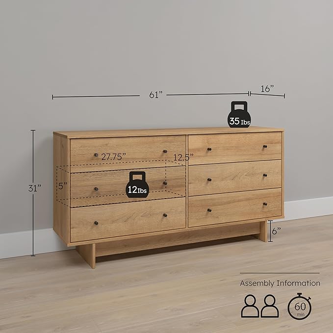 Prepac Finnley 6-Drawer Dresser in Natural Oak, Dresser for Bedroom, Extra-Wide Chest of Drawers with Storage, Modern Clothing Organizer for Home, Bedroom, Living Room, 16" D x 61" W x 31" H