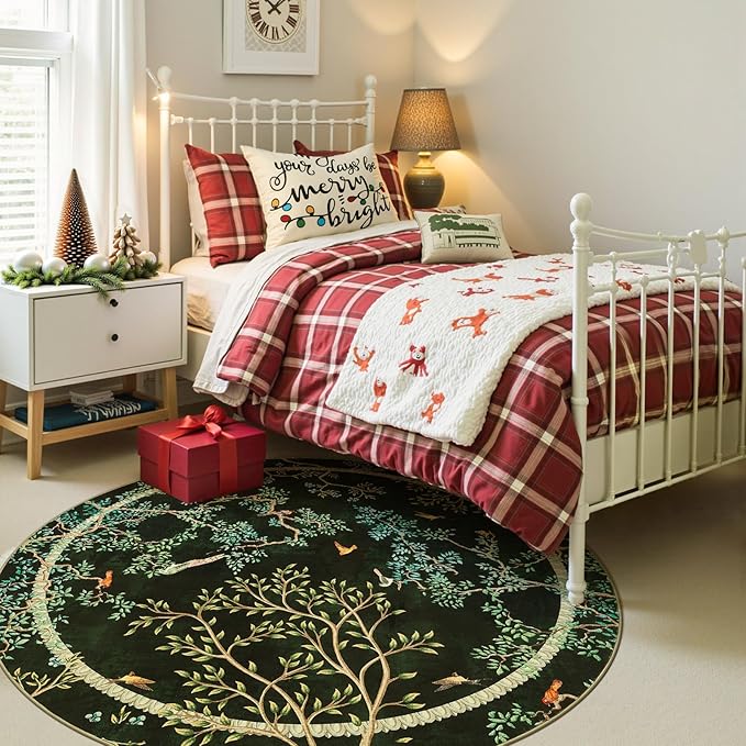 jinchan Yarden Christmas Round Rugs 5ft Moss Green Botanical Birds Print,Machine Washable 5' Circle Nature Plants Modern Soft Non-Slip Throw Area Rugs, Low Pile Carpet for Entryway Bedroom Kids Room