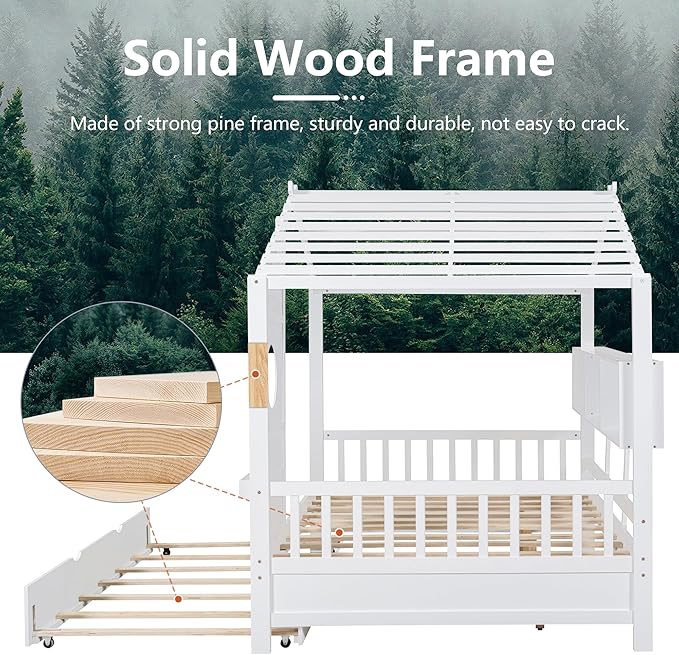 Full Size Bed Frames for Kids, House Bed with Trundle and Shelves, Wood Playhouse Platform Bed Frame with Window and Fence for Boys Girls, White, 74.4" L x 58" W x 72" H