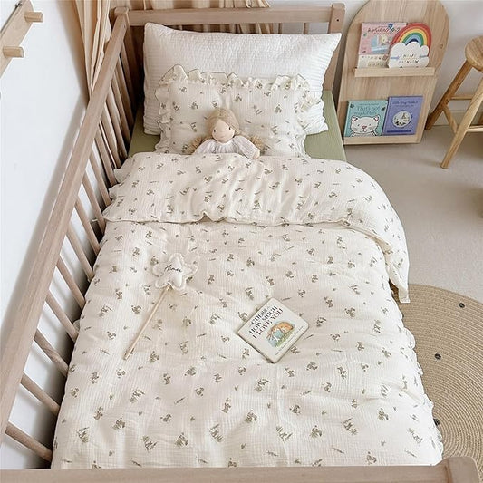 AOJIM Baby Kids Muslin Duvet Cover with Grey Rabbit, 1pc Pure Cotton Kids Bedding Comforter Cover 2-Layer Gauze 47X59'', Ruffled Design Baby Duvet Protector for Girls Boys, No Quilt or Pillowcases