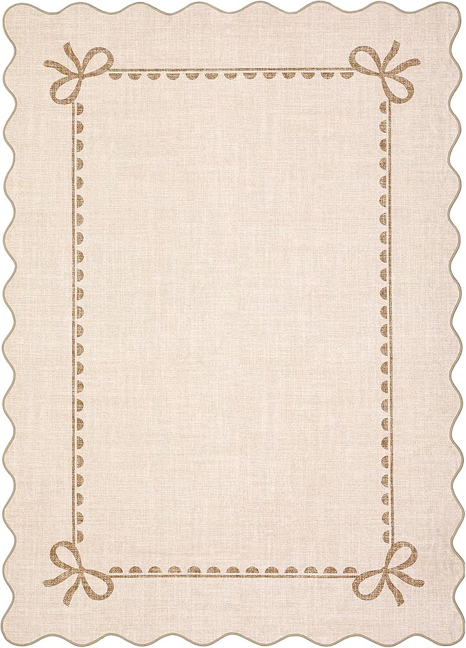 GarveeHome Scalloped Bow Rug for Living Room, Solid Beige Rug for Dorm, Washable Rugs 8x10 Soft Low Pile Non Slip Scalloped Rugs for Nursery College Bedroom Decor Kids Room Playroom