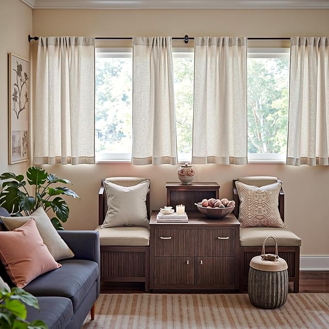 jinchan Beige Linen Blend Curtains 63 Inches Length 2 Panels for Bedroom Living Room, Semi Sheer 50 Inches Wide Natural Farmhouse Cottage Core Style Drapes with Rod Pocket Back Tab (50W x 63L, Ecru)