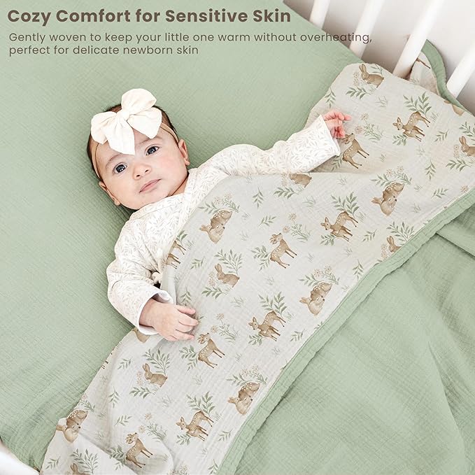 Konssy Muslin Baby Blankets for Girls Boys, 100% Cotton Crib Blanket for Infant Toddler, Super Soft and Lightweight Nursery Swaddling Wrap 47"x47" (Woodland)