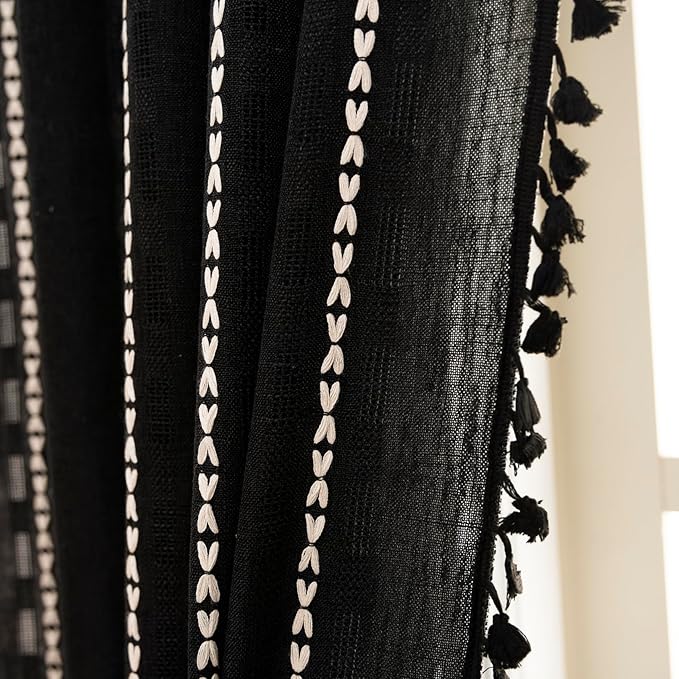 Deeprove Black Boho Curtain 84 inches Length for Living Room Bedroom Nursery, Bohemian 84 inches Long, Mid Century Western Embroidery Textured Halloween Privacy Window Trim Decor W52 x L84, 1 Panel