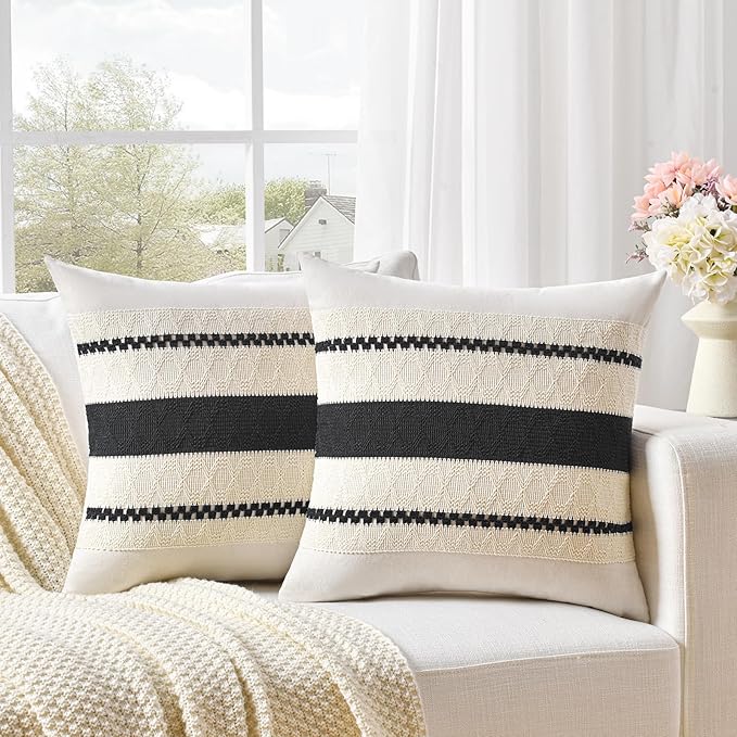 Fancy Homi Set of 2 Boho Black Decorative Throw Pillow Cover 22x22 Inch for Couch Bed Sofa, Aesthetic Modern Organic Farmhouse Home Decor, Soft Cotton Cute Accent Macrame Woven Cushion Case