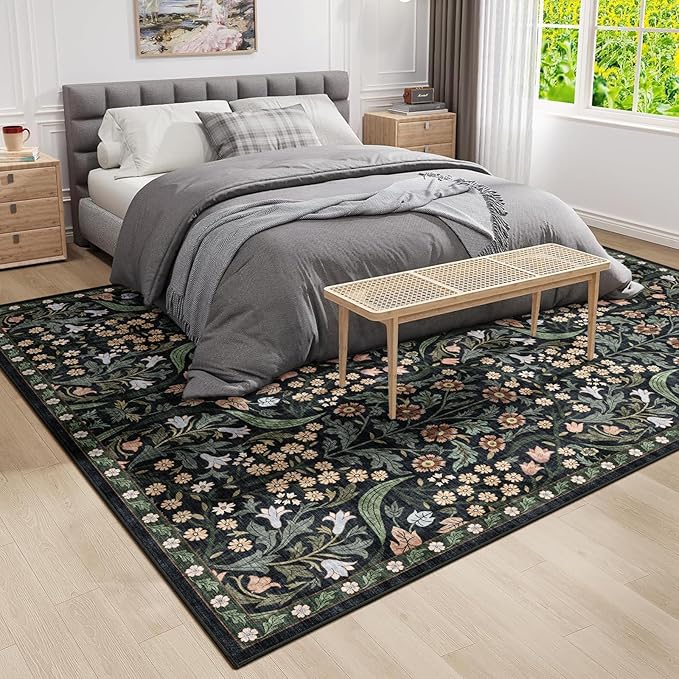 8x10 Washable Area Rug for Living Room, Floral Non-Slip Non-Shedding & Easy Care, Large Soft Low Pile Botanical Indoor Floor Carpet for Living Room, Bedroom, Dining Room, Kids Playroom, Nursery, Black