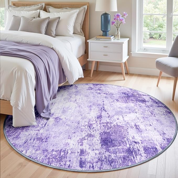 Washable Area Rugs 4ft Non-Slip Modern Abstract Soft for Living Room Entryway Bedroom Nursery, Print Pattern, Purple Gray Pink White