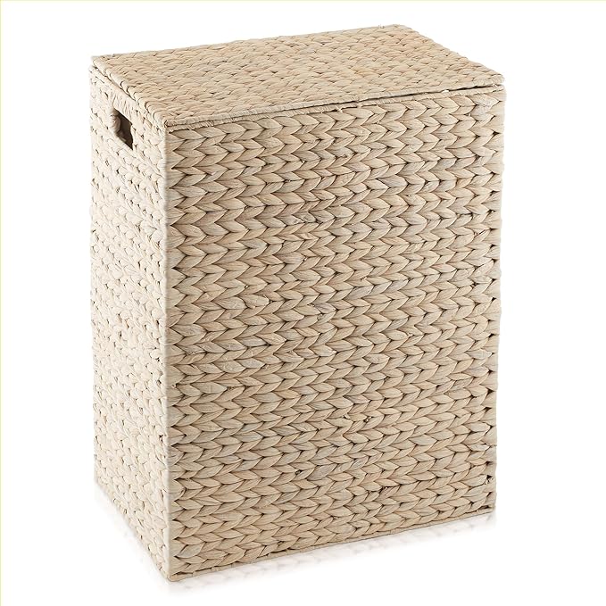 Casafield Large Laundry Hamper with Lid and Removable Liner Bag - Whitewash, Woven Water Hyacinth Rectangular Laundry Basket Sorter for Clothes Towels