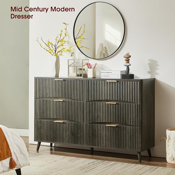 Evermagin 55" Wide Fluted 6 Drawer Dresser, Mid Century Modern Curved Dresser, Light Wood Chest of Drawers for Bedroom, Living Room and Entryway, Dark Grey