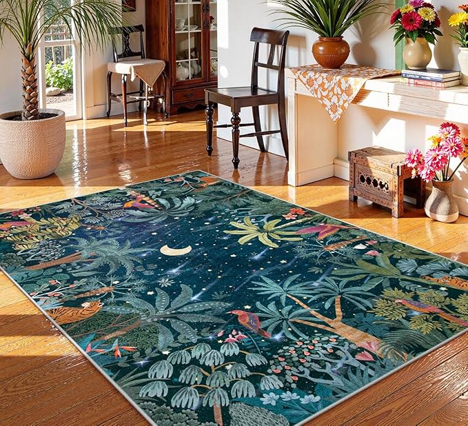 Lahome Midnight Jungle Green Rug, Washable Rugs 5x7 for Bedroom Aesthetic, Soft Animal Print Office Area Rug Botanical Stain Resistant Non Slip Dining Room Carpet for Under Table Living Room