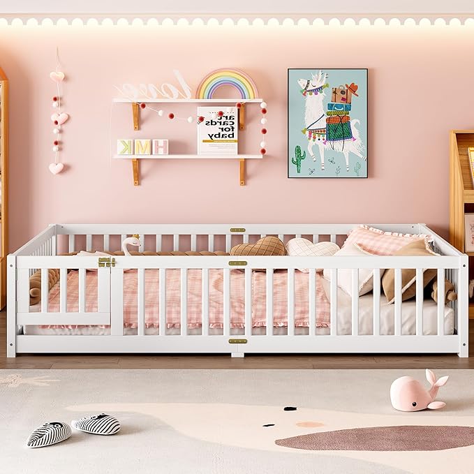 Ball & Cast Queen Size Toddler Floor Bed W/Rails,Montessori Bed for Toddlers W/Removed Slats & Switched Door,Low Profile Bed Frame for Girls & Boys,No Spring Box Required,White